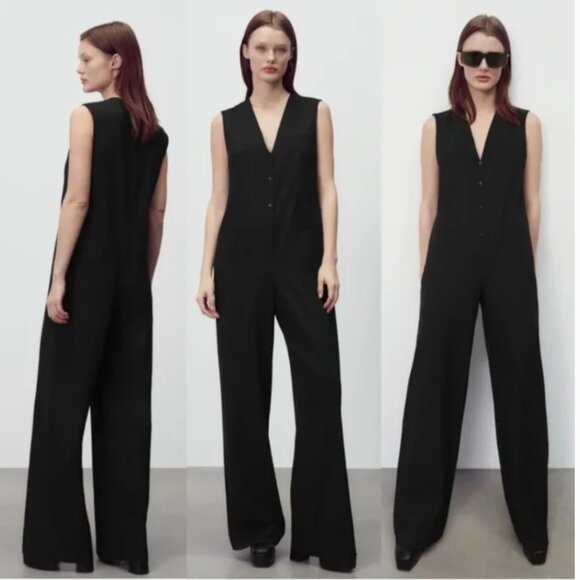 NWT ZARA WOMEN'S LONG V-NECK JUMPSUIT SLEEVELESS BLACK Pinstripe - Picture 1 of 8